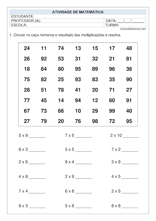 Atividades multiplicação 3º ano