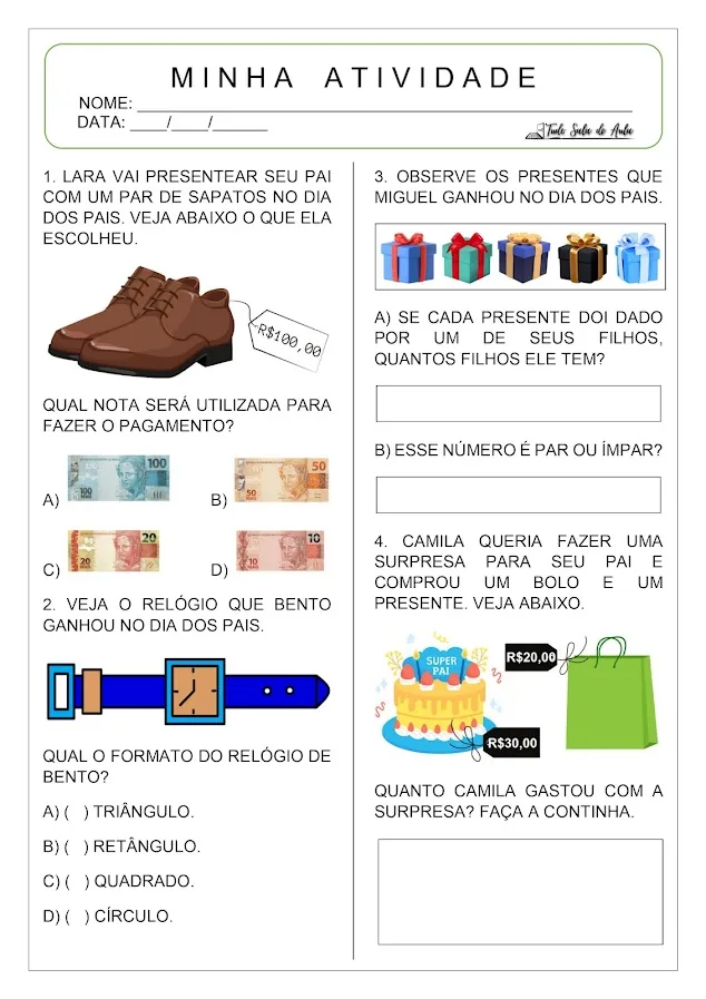 atividade dia dos pais de matemática