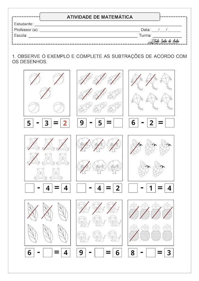 atividades de subtração com desenhos