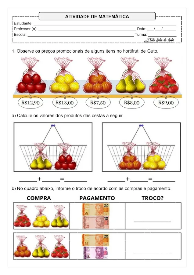 Atividade sobre o Sistema Monetário 1º ano fundamental