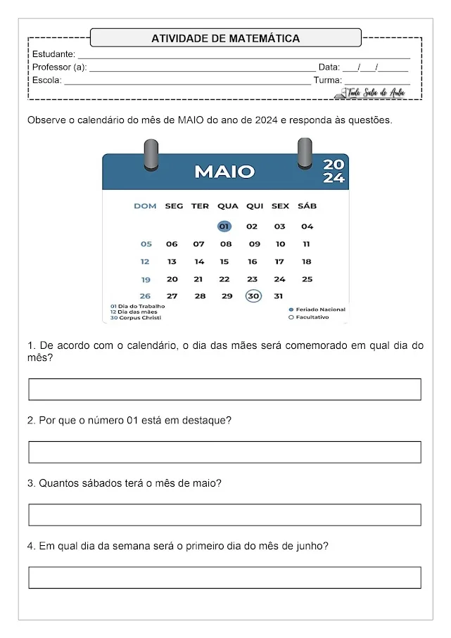 atividade calendário