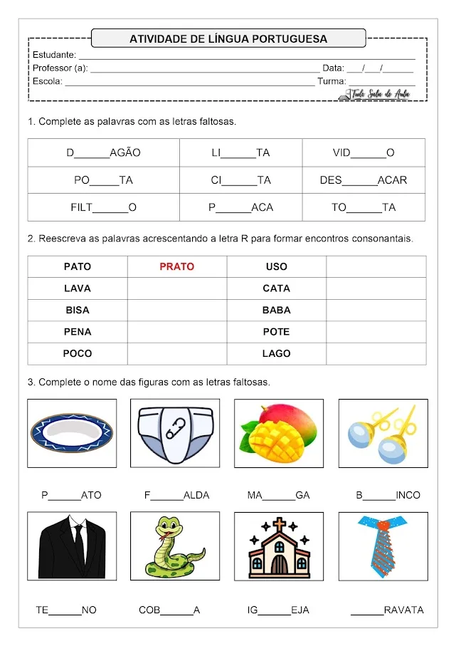 Atividade sobre Encontro Consonantal