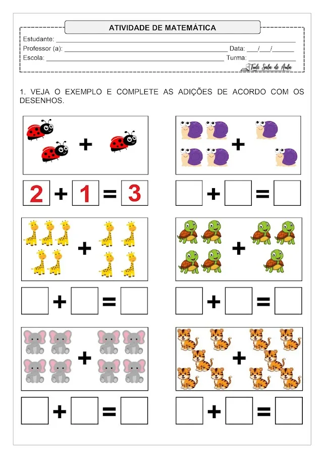 atividades de adição 1 ano com desenhos