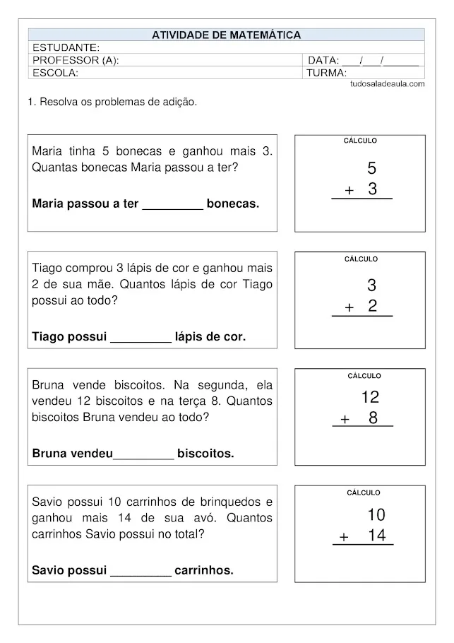 Atividade de adição 1 ano