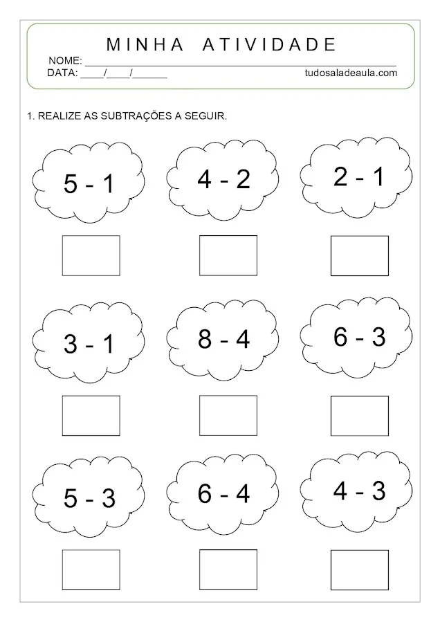 Atividade de subtração educação infantil