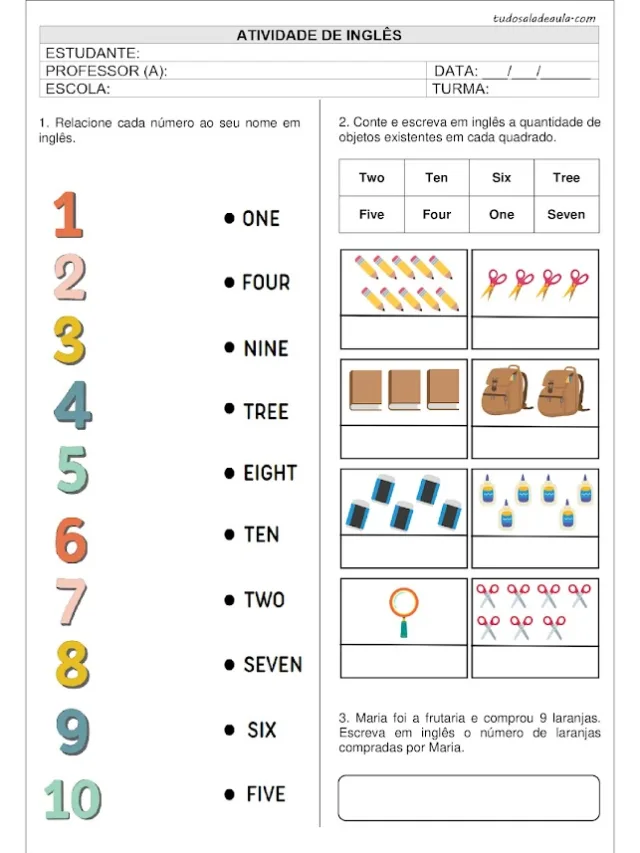 atividades de Inglês 1 ano