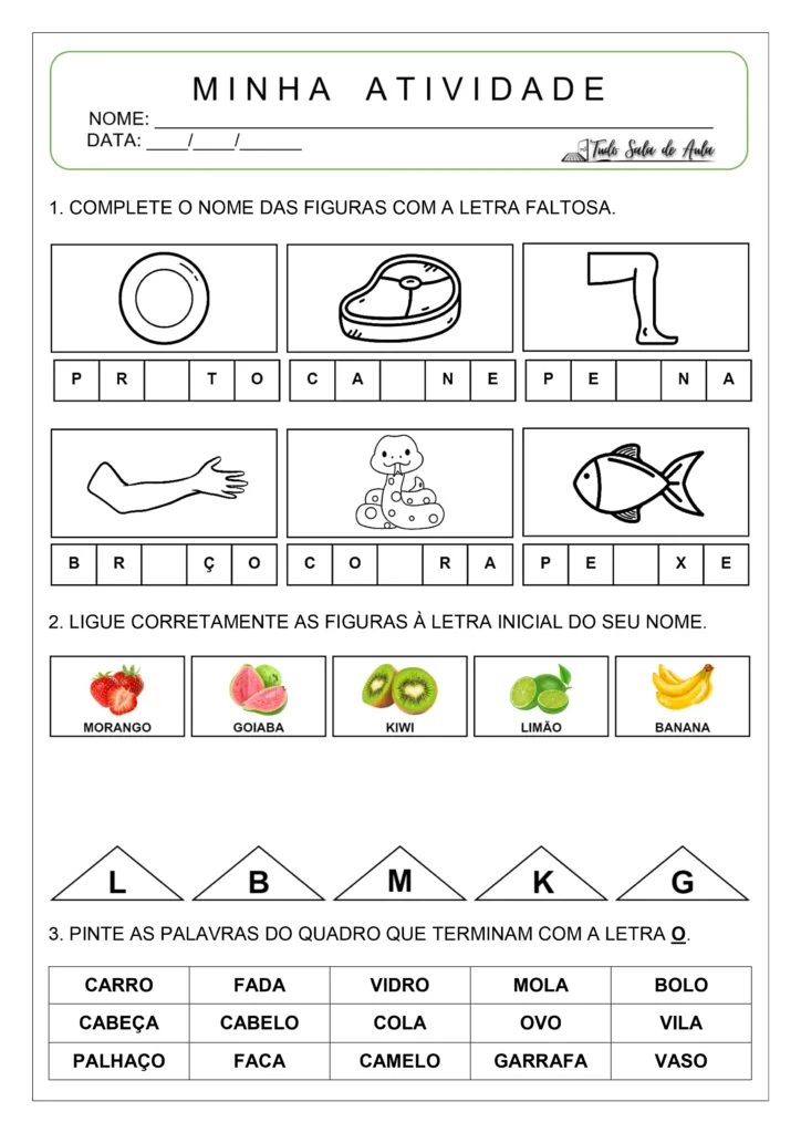 Atividade letra inicial, medial e final