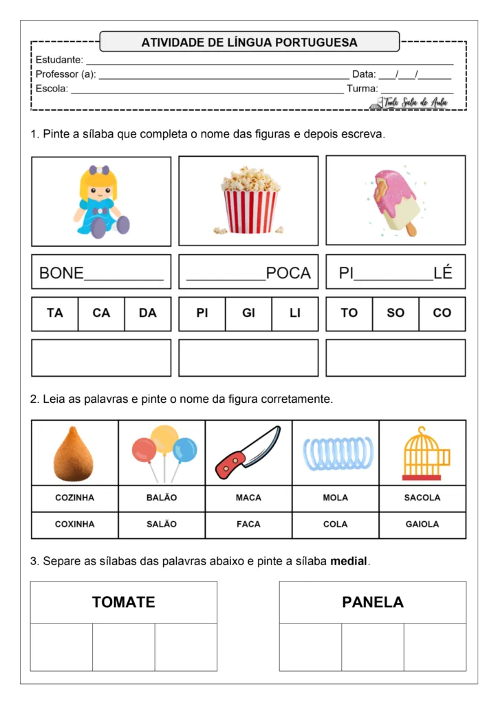 Atividades sobre sílabas iniciais mediais e finais