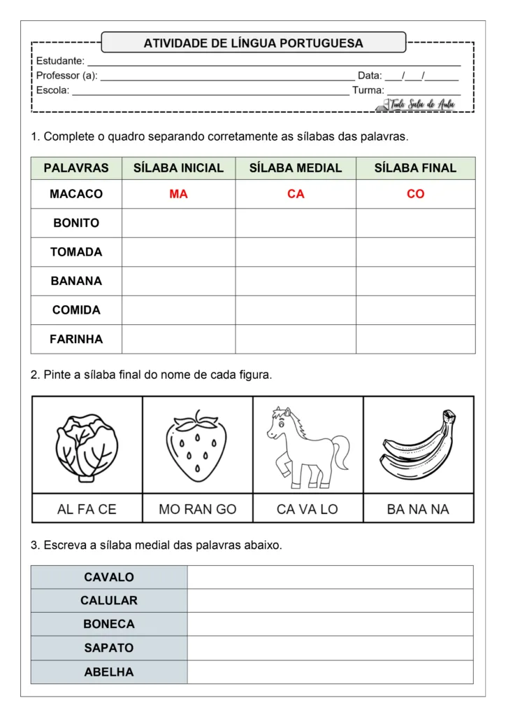 Atividades sobre sílabas iniciais mediais e finais