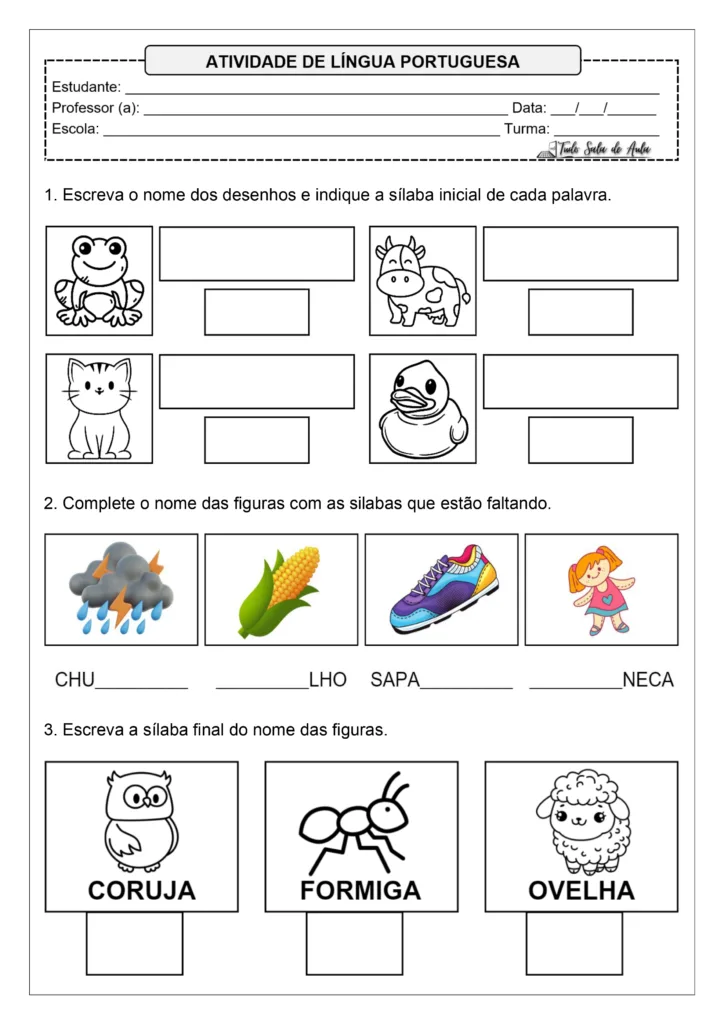 Atividades sobre sílabas iniciais mediais e finais