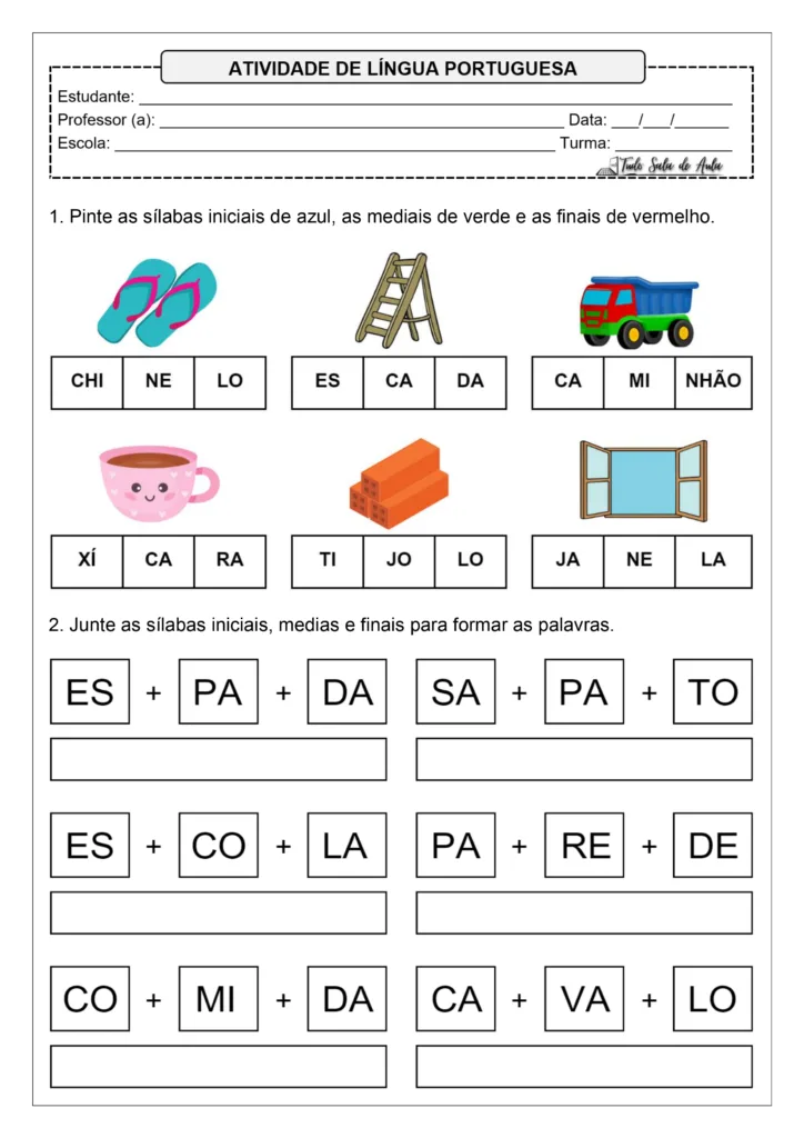 Atividades sobre sílabas iniciais mediais e finais