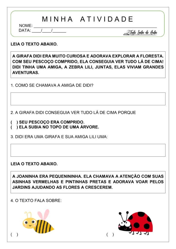 Interpretação de textos para o 1º ano