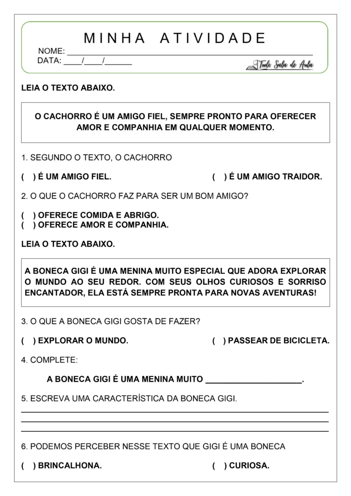 Interpretação de textos para o 1º ano