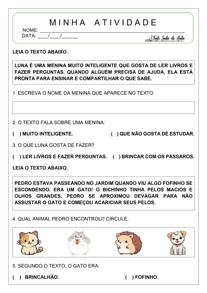 Interpretação de textos para o 1º ano