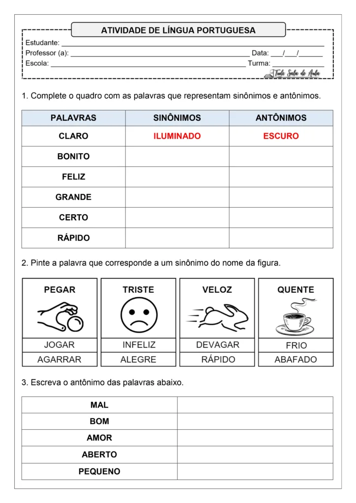 Atividade de sinônimos e antônimos