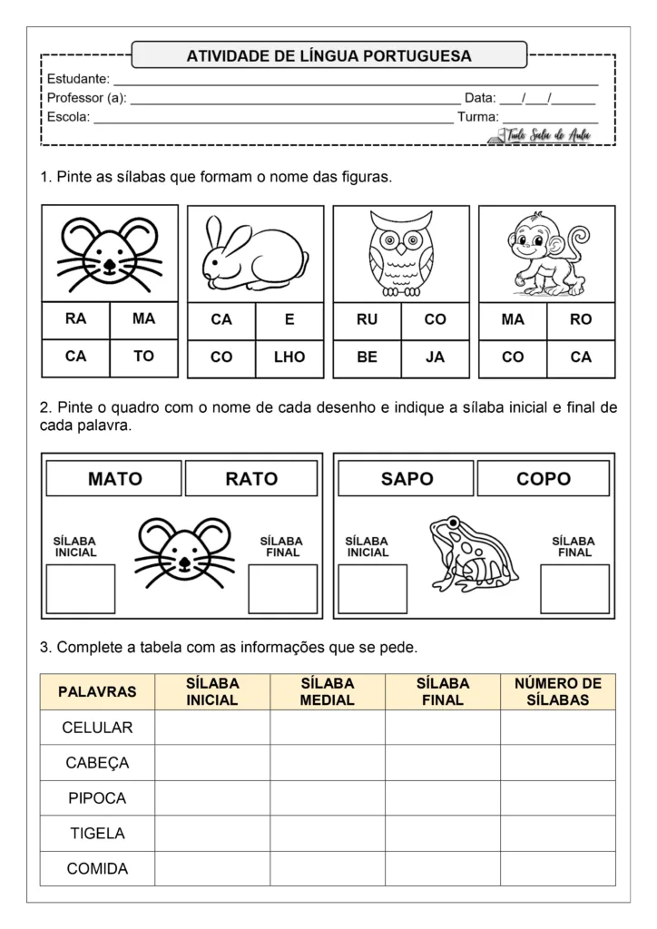 Atividades sobre sílabas iniciais mediais e finais