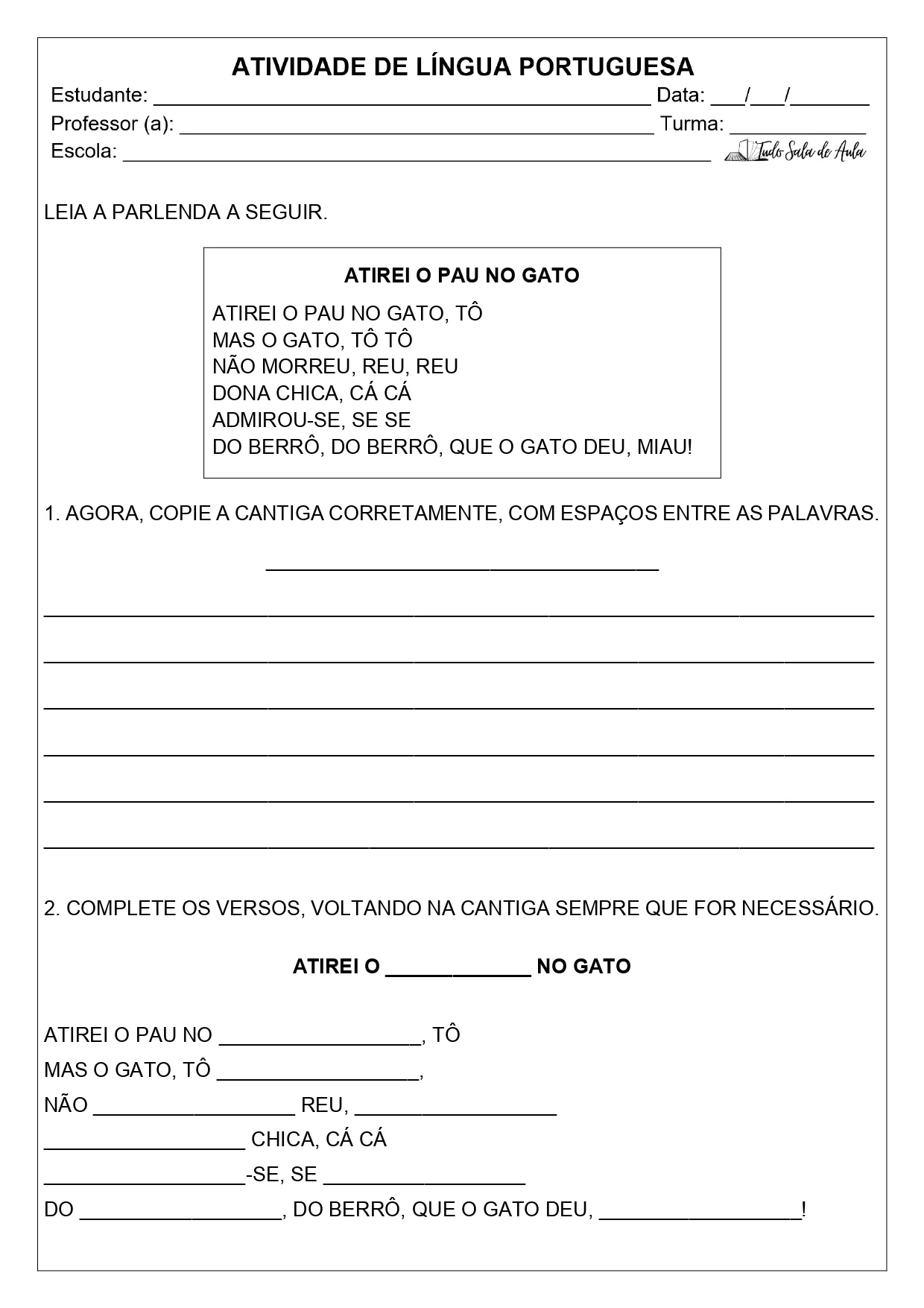 atividade reescrita de texto 1º e 2º ano
