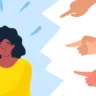 Shame - modern colorful flat design style illustration on white background. A composition with a sad girl feeling guilty or being bullied, fingers pointing at her. Psychological problems concept