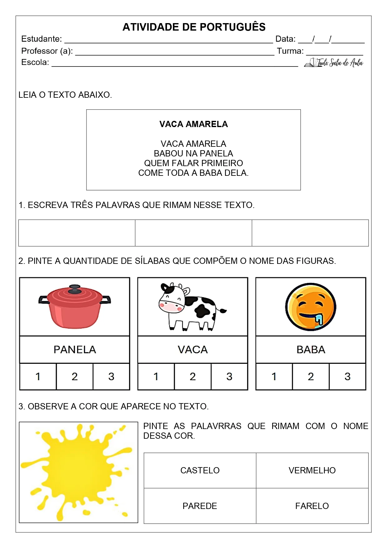 atividade sobre rimas e sílabas 1º ano