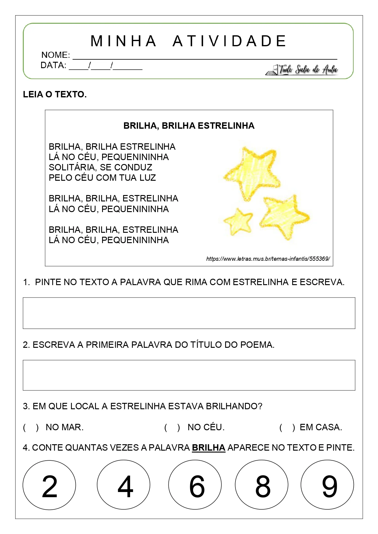 Atividades de interpretação de cantigas