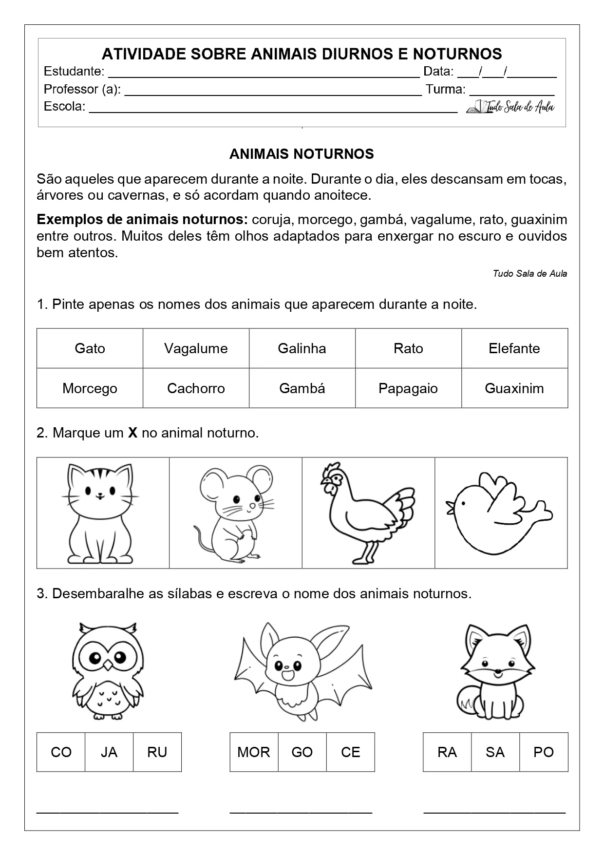 Atividades sobre os Animais Diurnos e Noturnos para imprimir