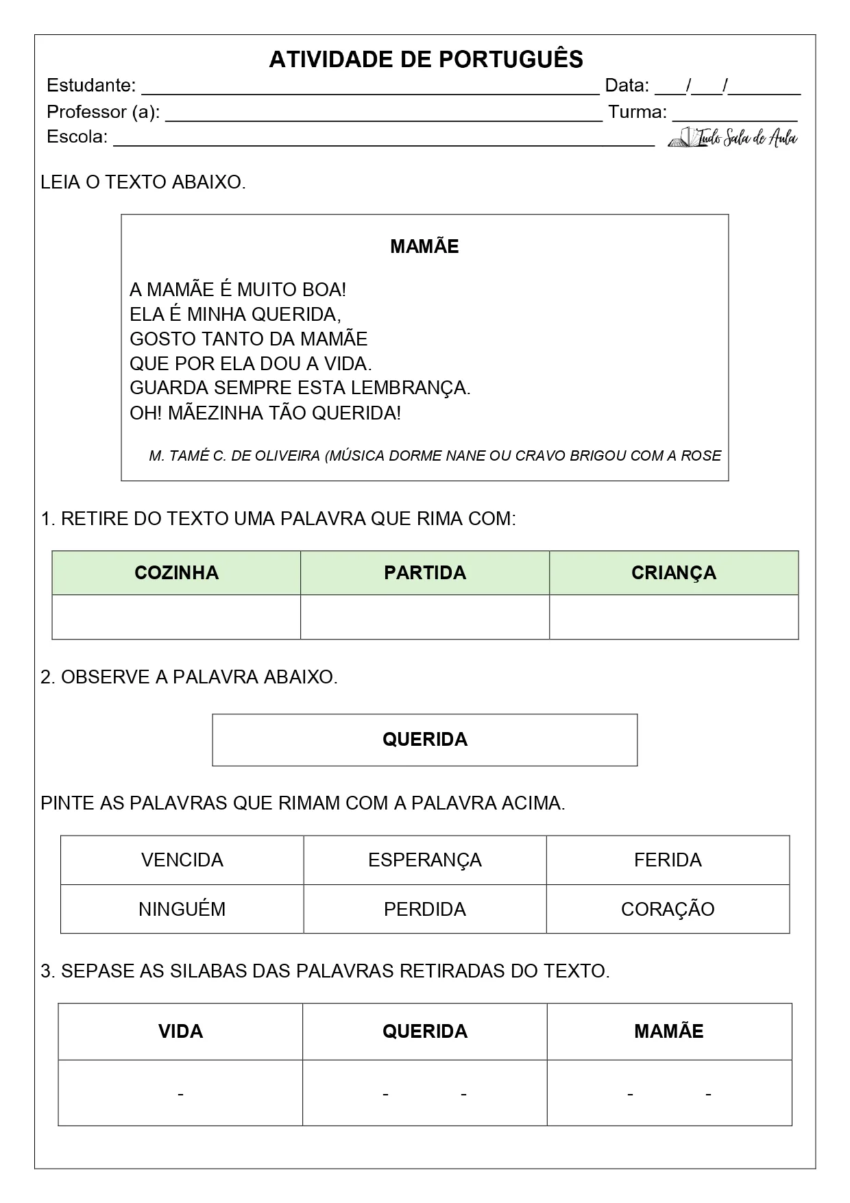 atividade sobre rimas e sílabas 1º ano