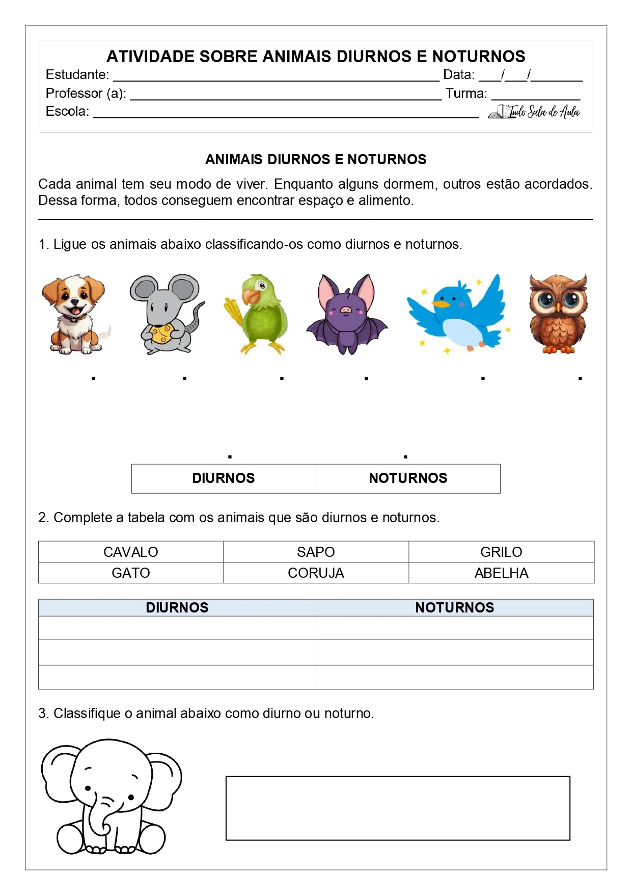 Atividades sobre os Animais Diurnos e Noturnos para imprimir