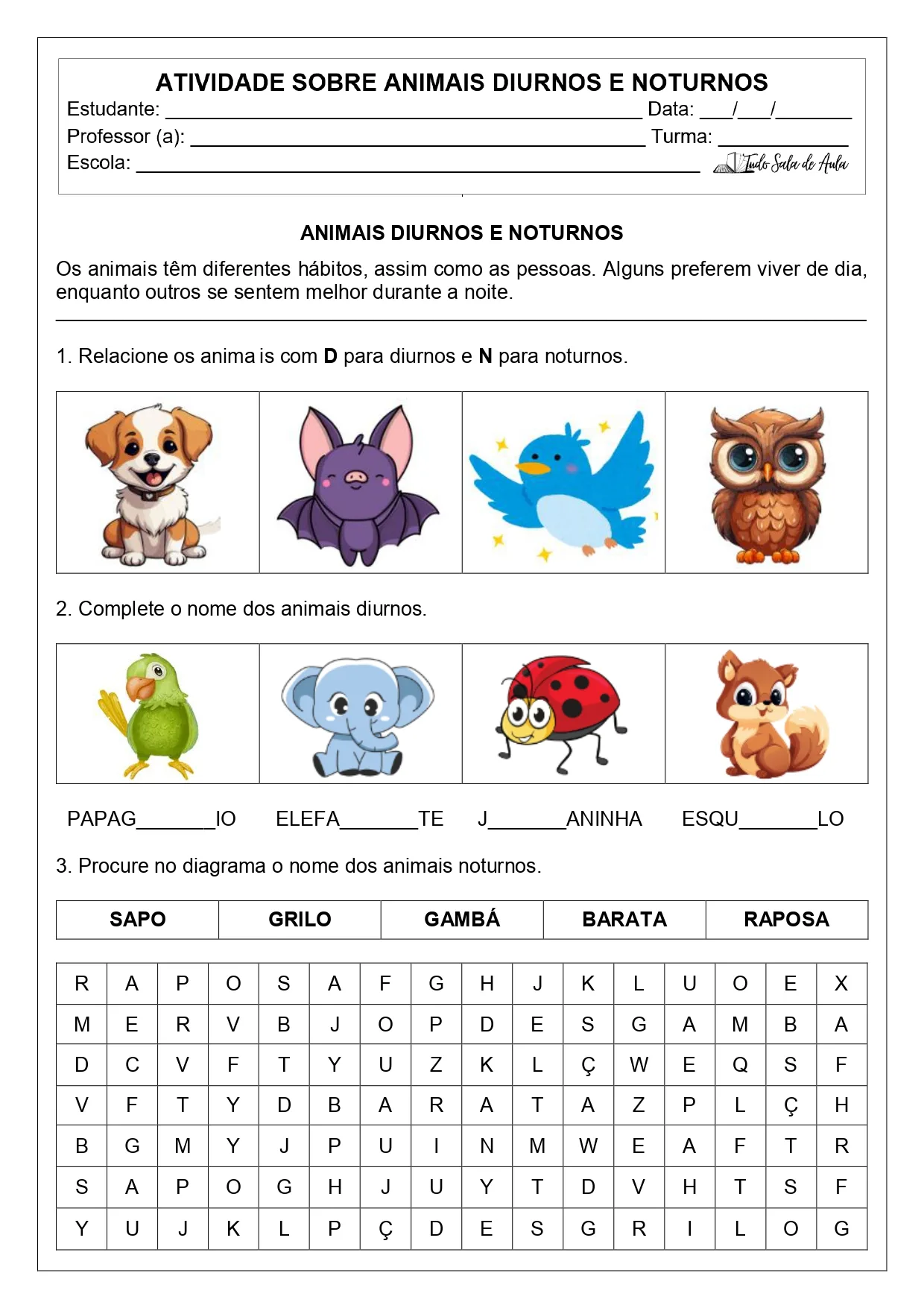 Atividades sobre os Animais Diurnos e Noturnos para imprimir