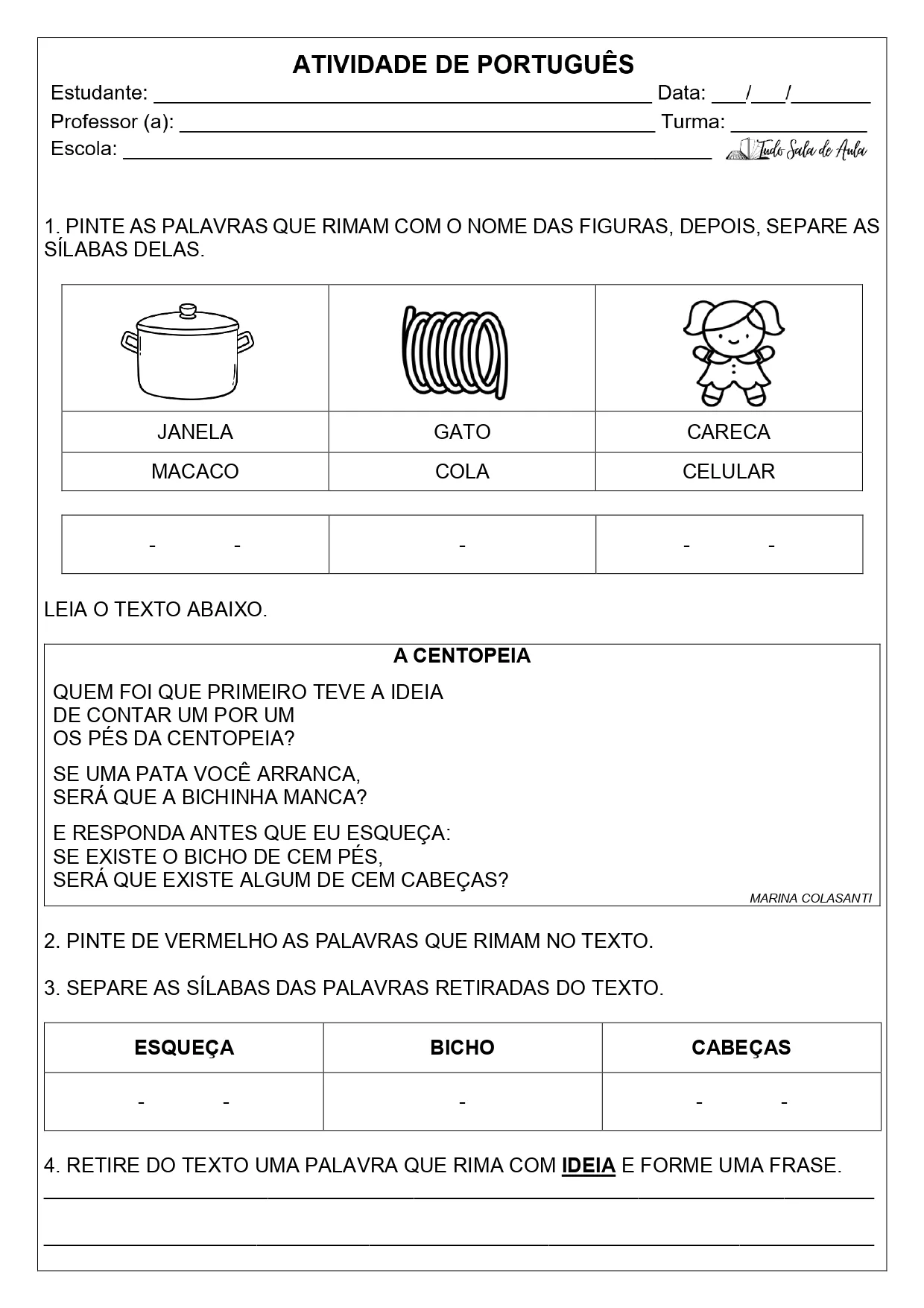atividade sobre rimas e sílabas 1º ano