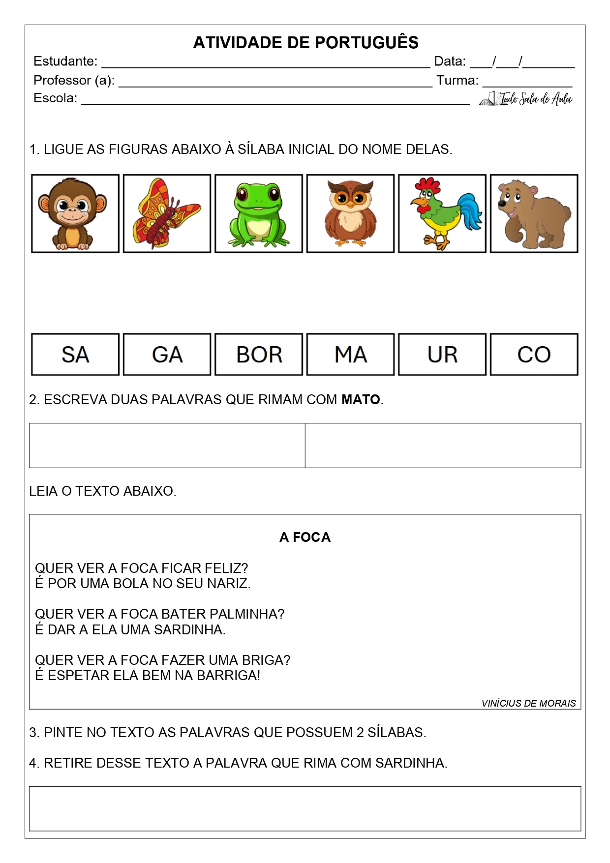atividade sobre rimas e sílabas 1º ano