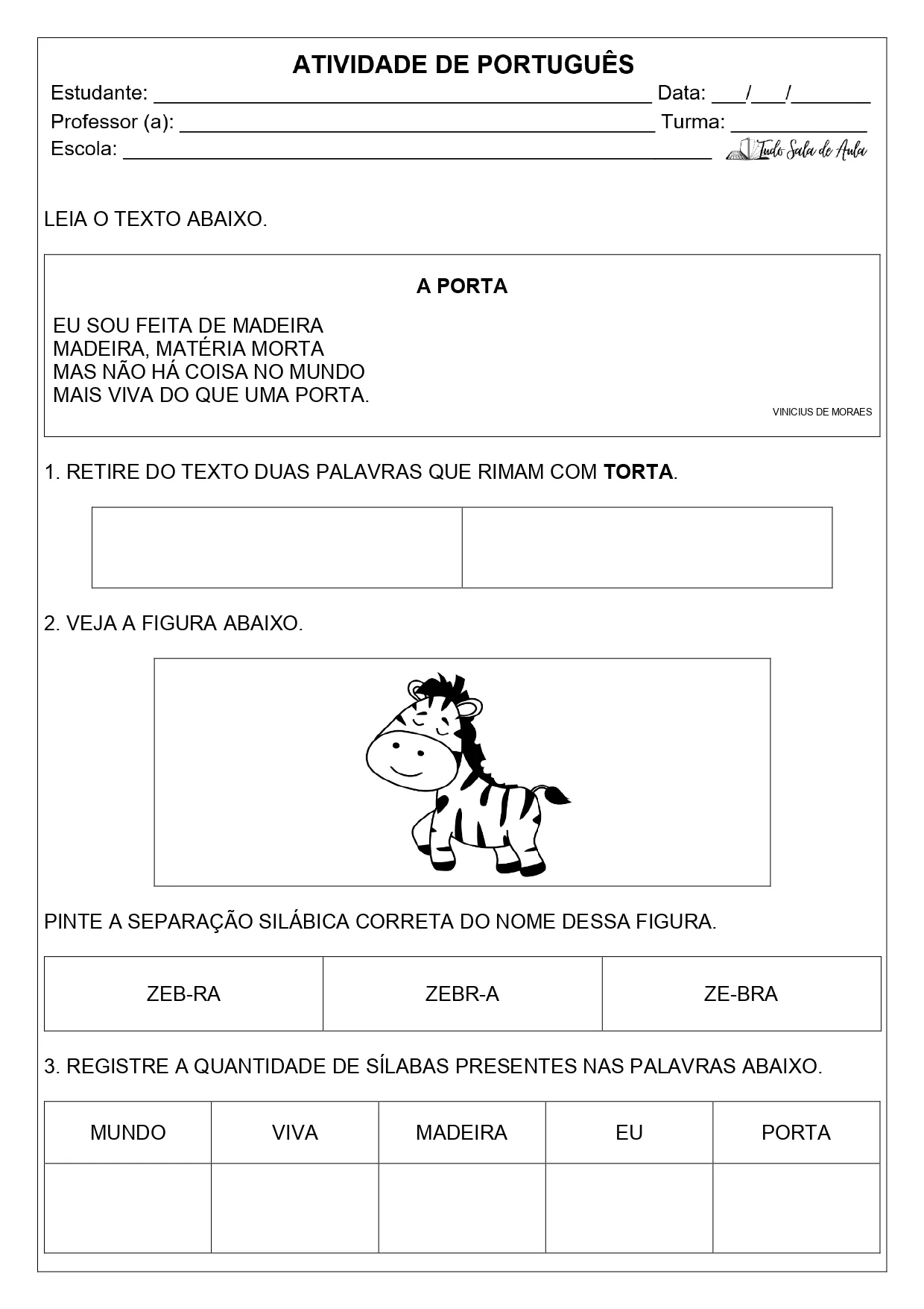 atividade sobre rimas e sílabas 1º ano