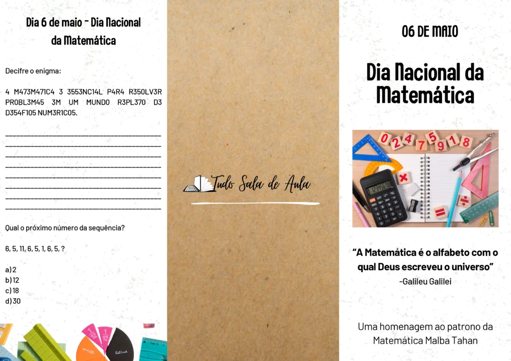 Folder lúdico sobre dia da matemática