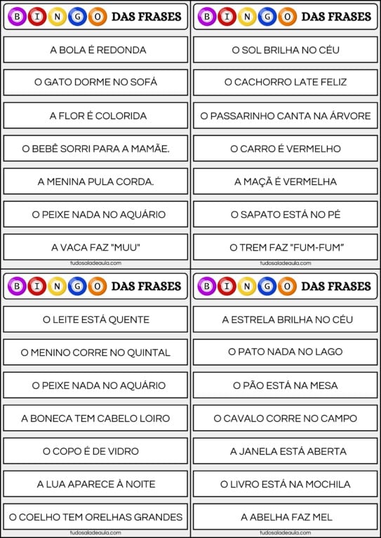 Bingo das Frases - Atividade Lúdica para Imprimir - Tudo Sala de Aula