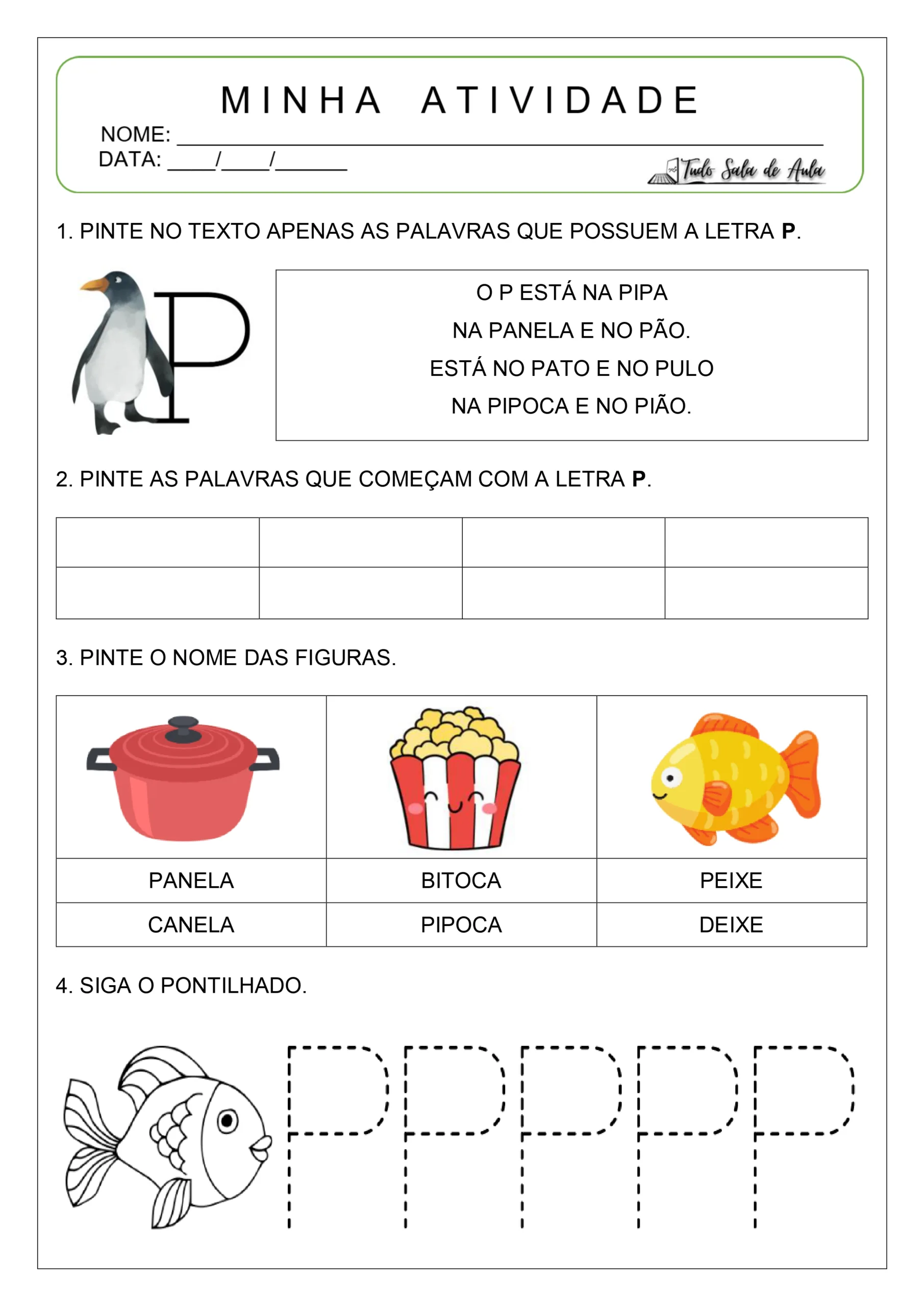 Atividade letra p alfabetização educação infantil.