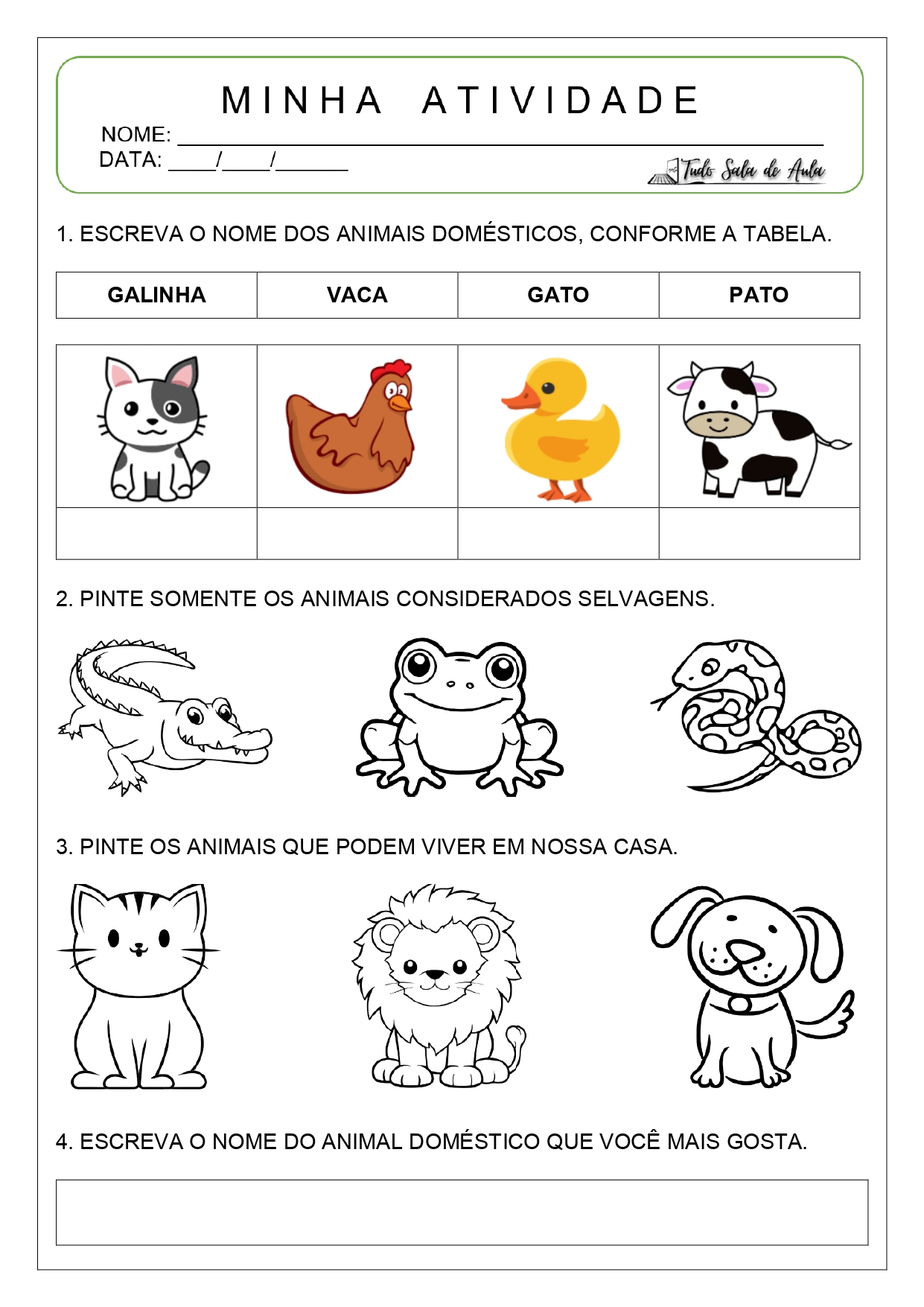 animais domésticos e selvagens atividades