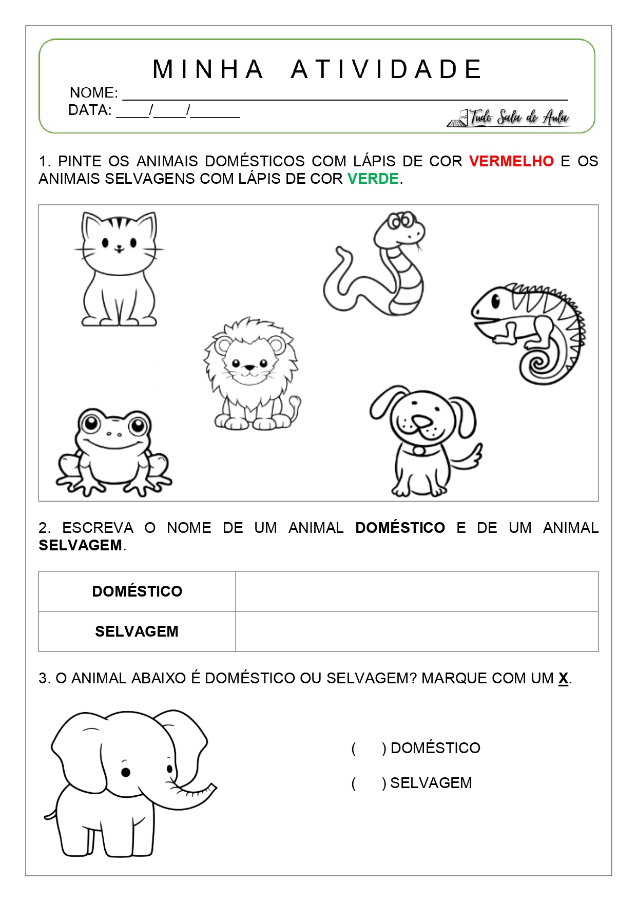 animais domésticos e selvagens atividades