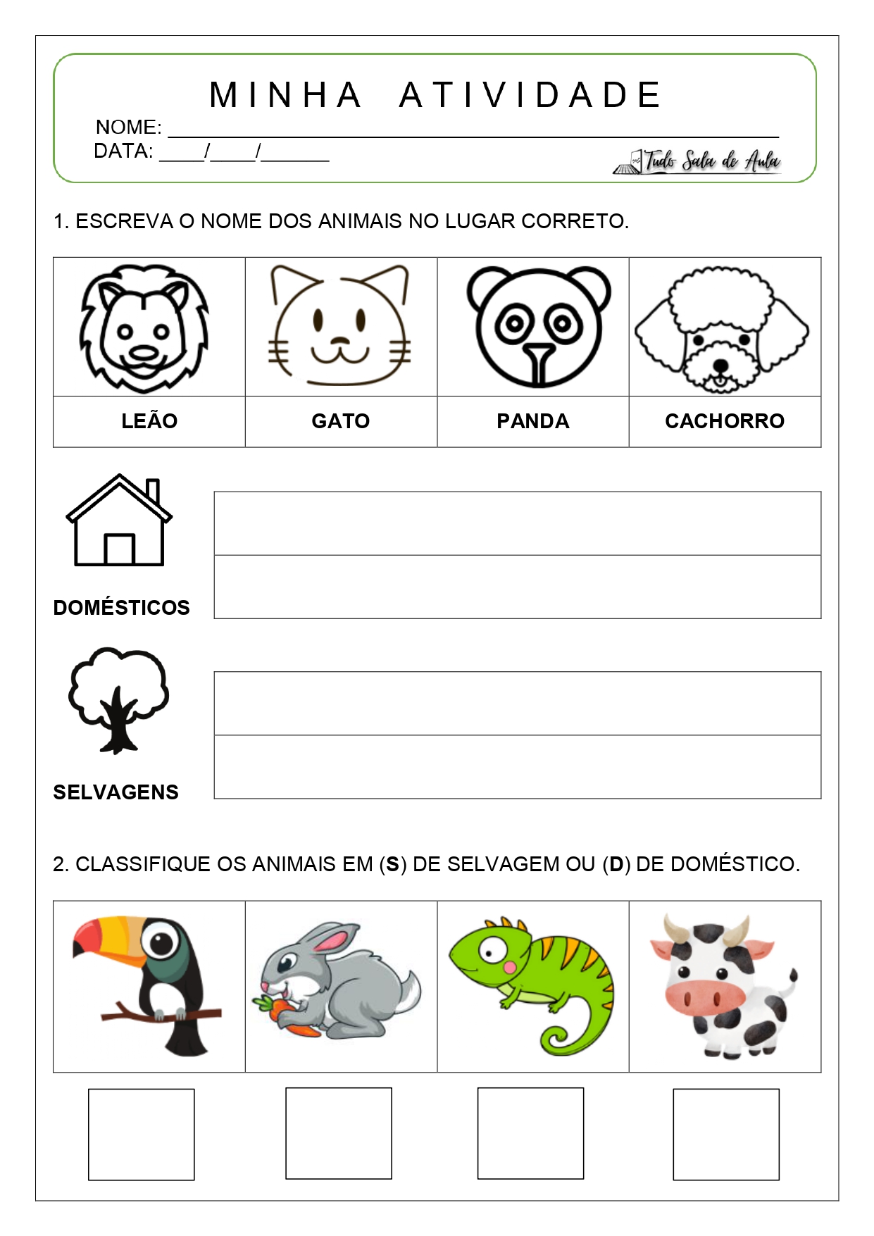animais domésticos e selvagens atividades