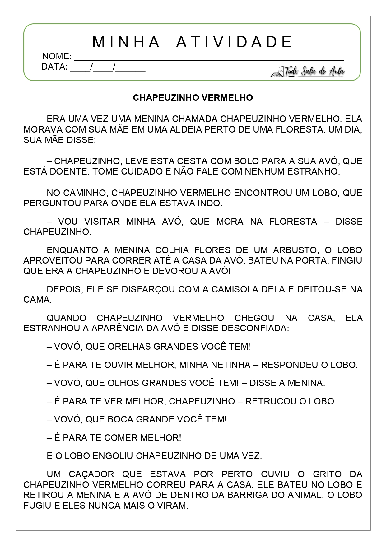 atividade chapeuzinho vermelho educação infantil