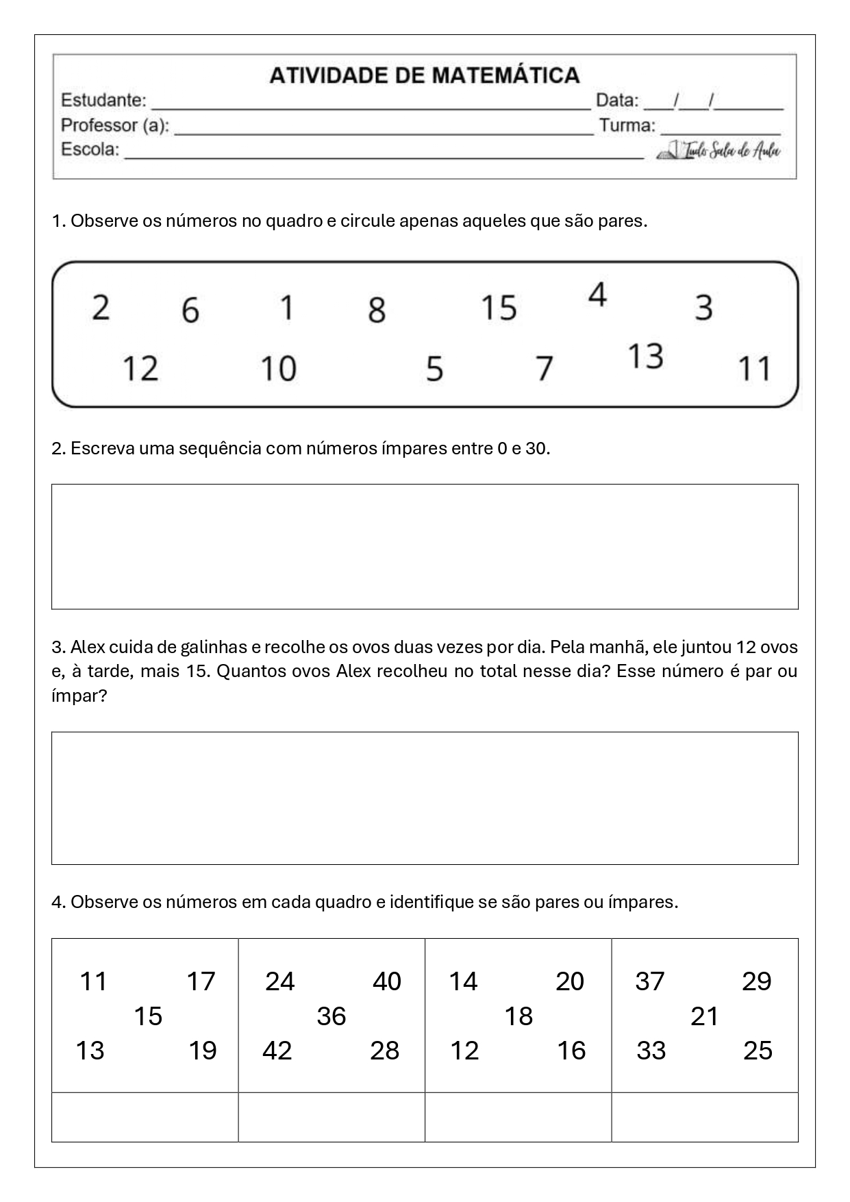 atividade números pares e ímpares