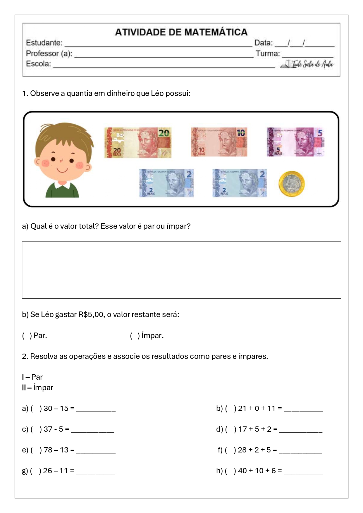 atividade números pares e ímpares