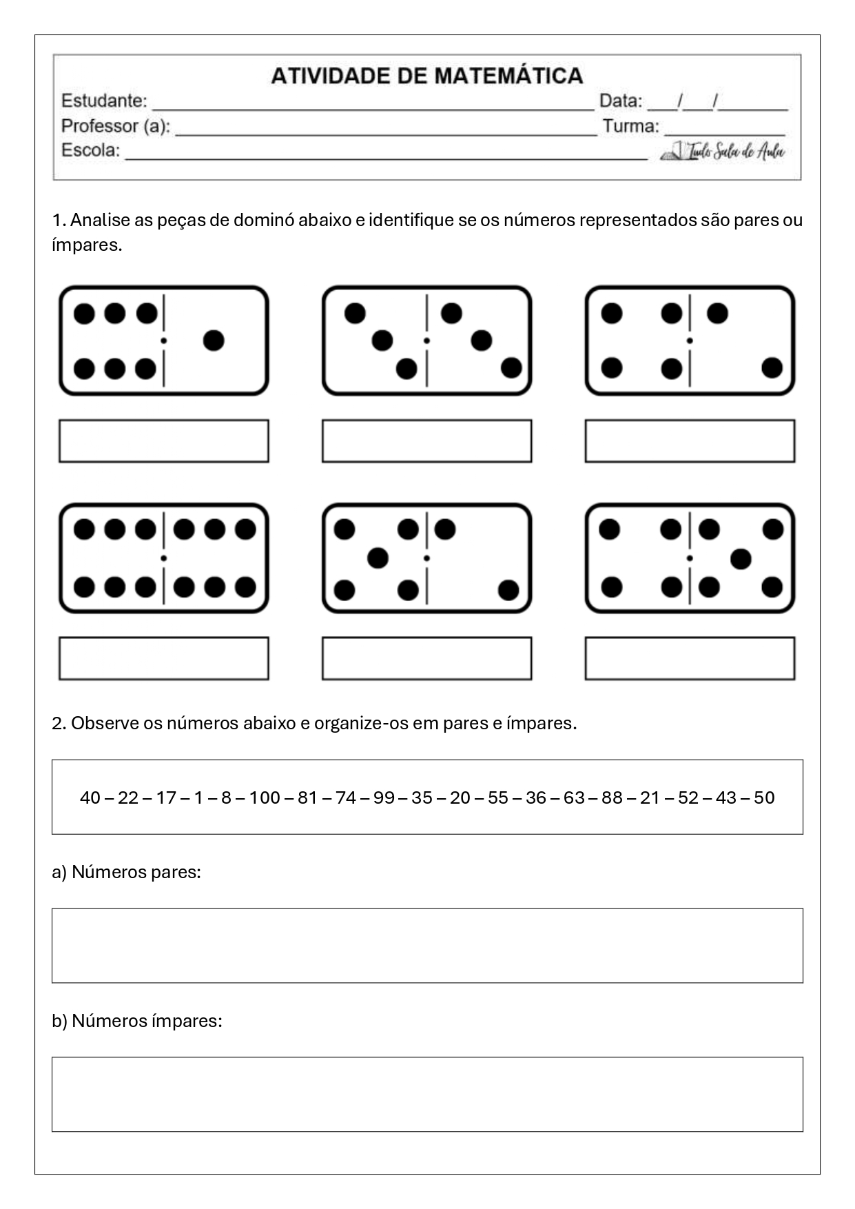 atividade números pares e ímpares