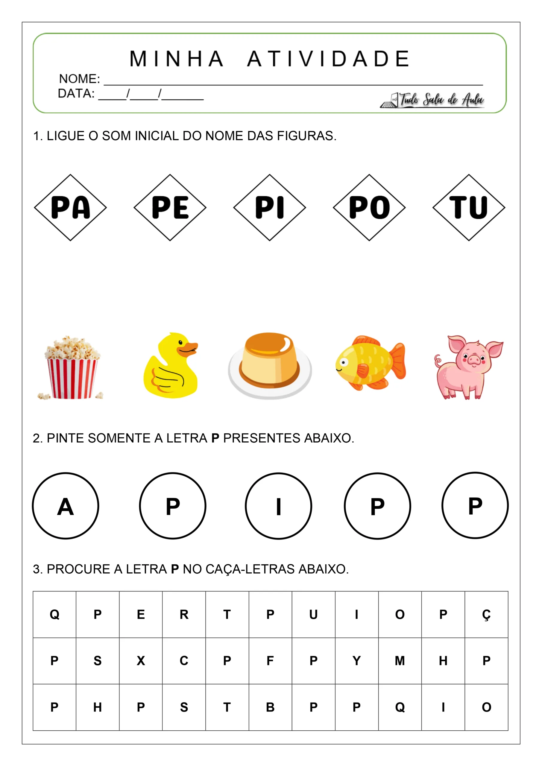 Atividade letra p alfabetização educação infantil.