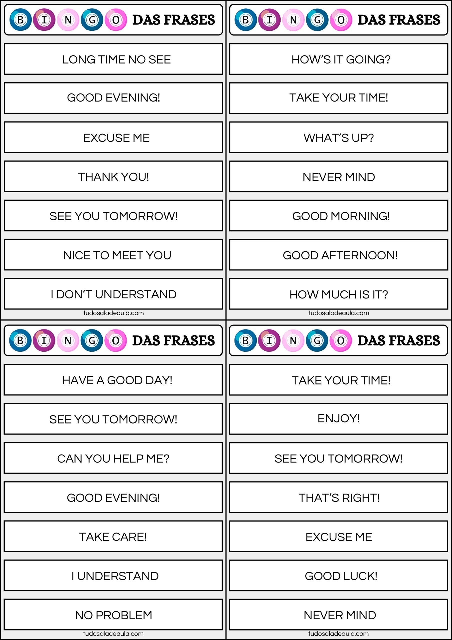 Bingo das saudações em inglês
