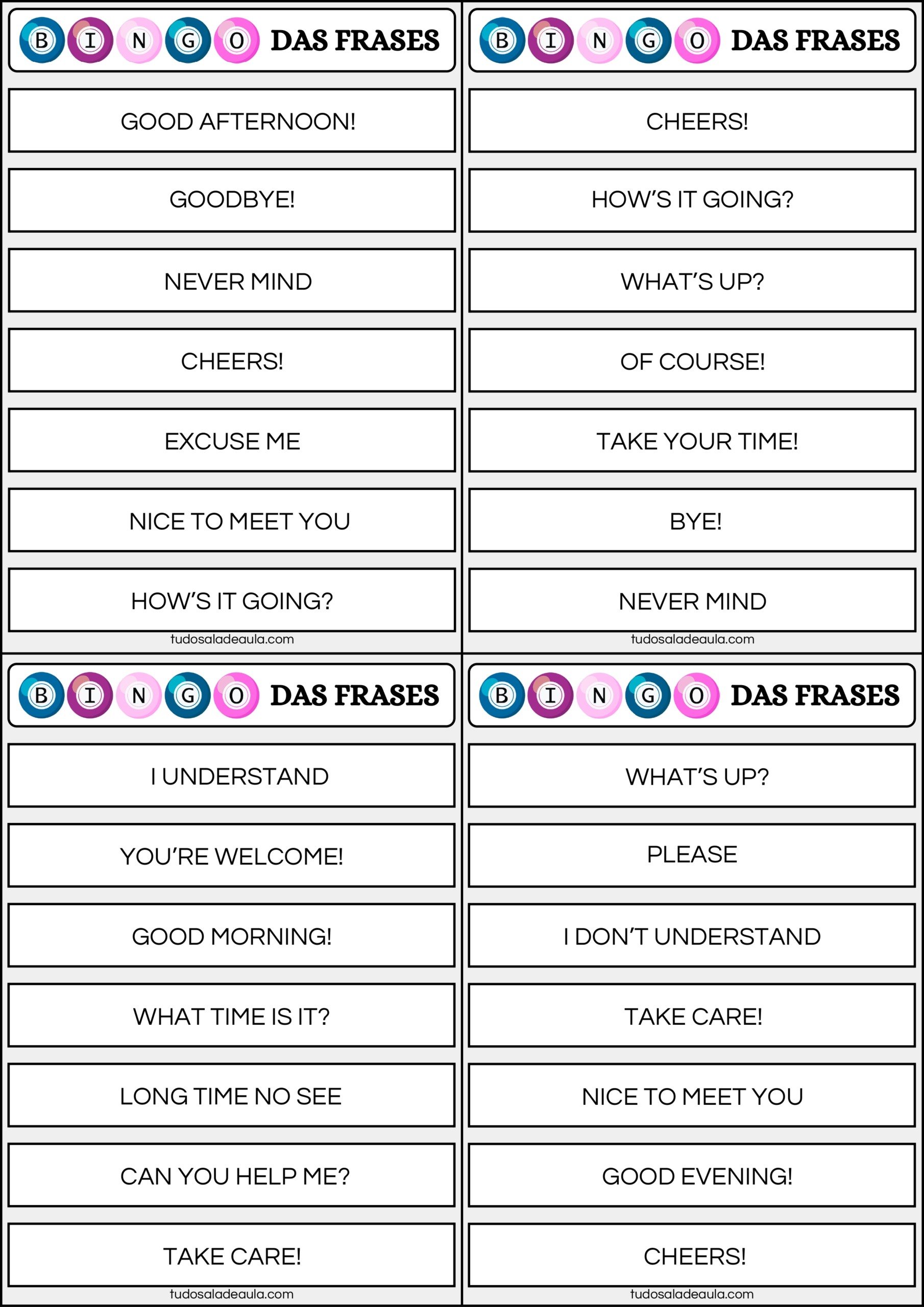 Bingo das saudações em inglês
