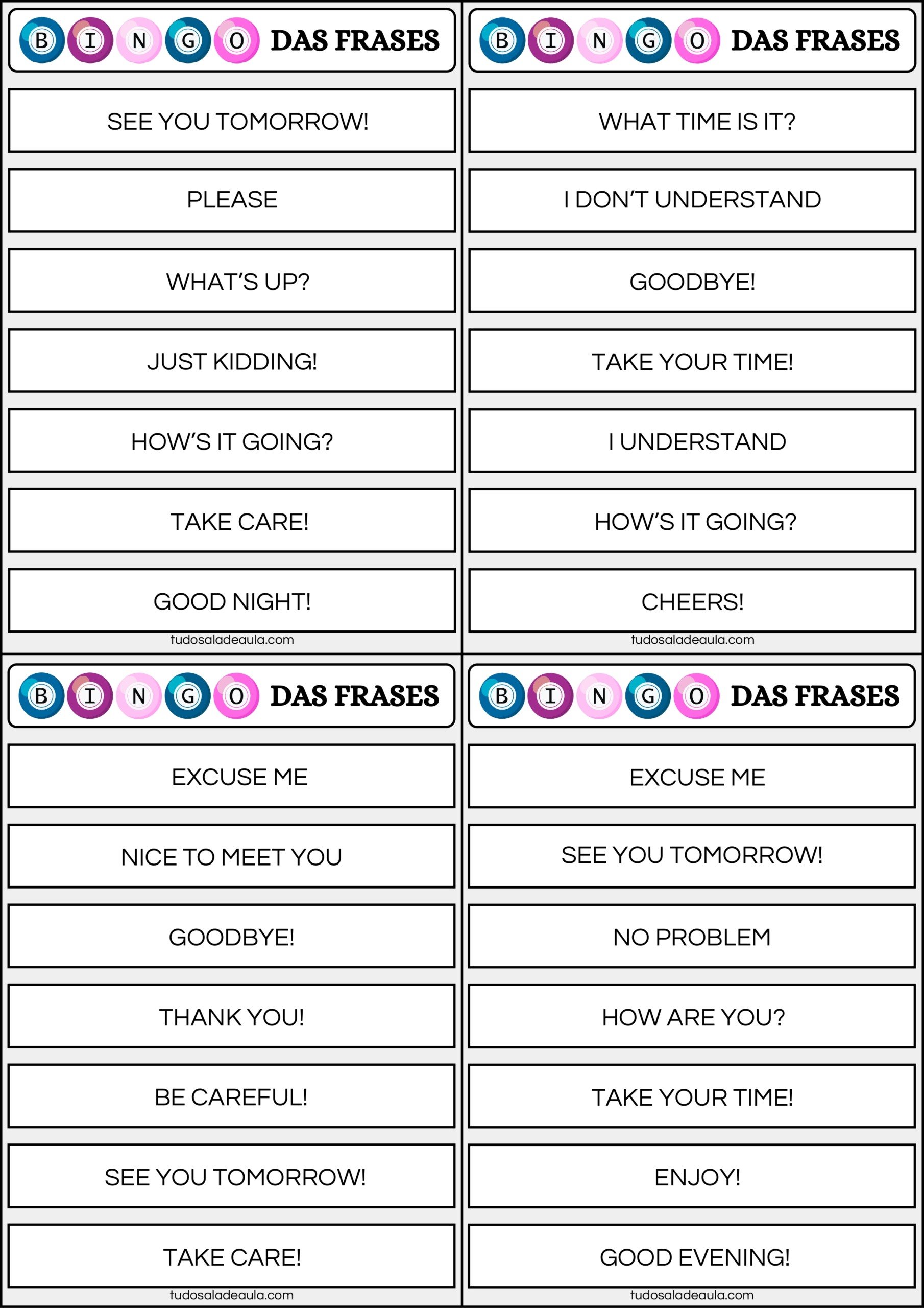 Bingo das saudações em inglês