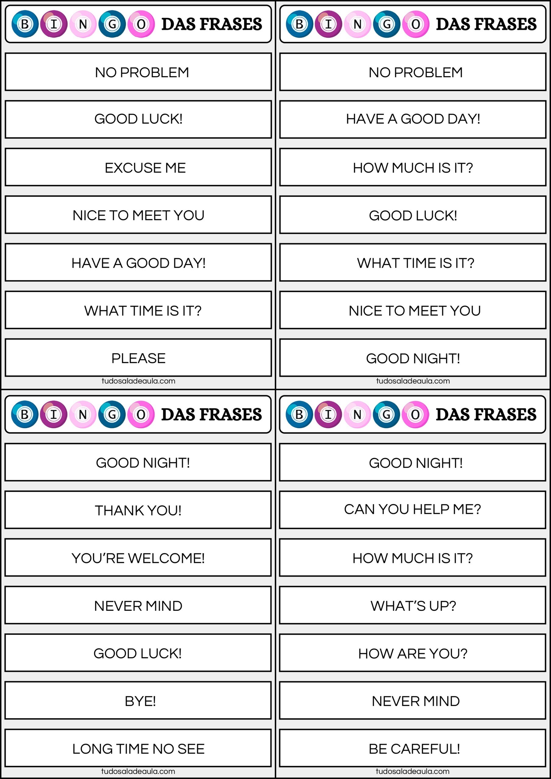 Bingo das saudações em inglês