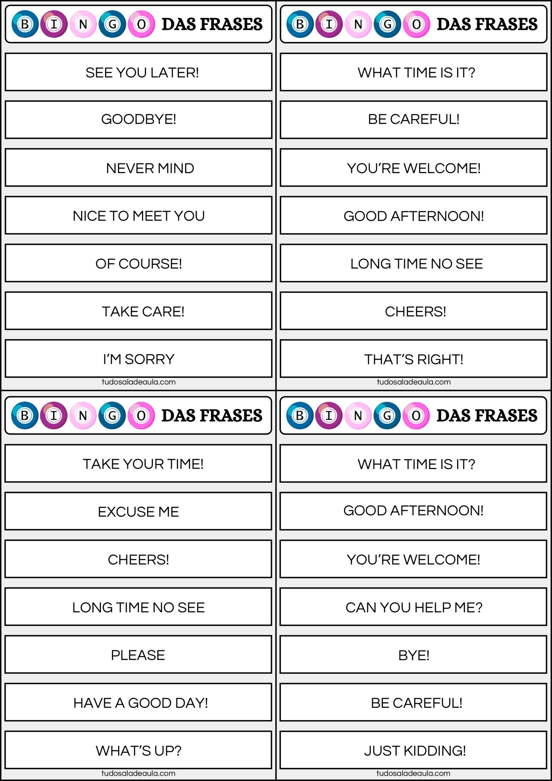 Bingo das saudações em inglês