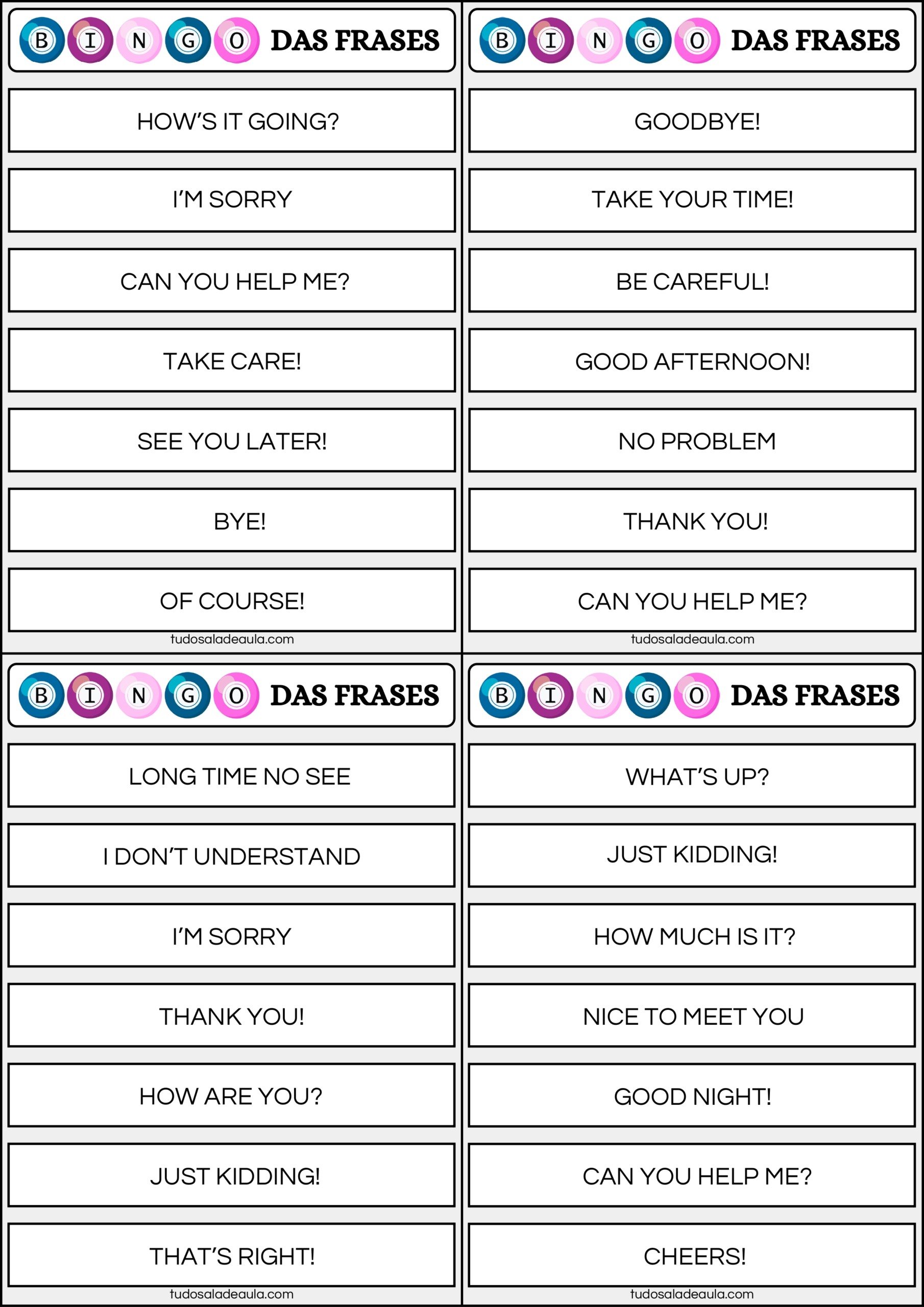 Bingo das saudações em inglês