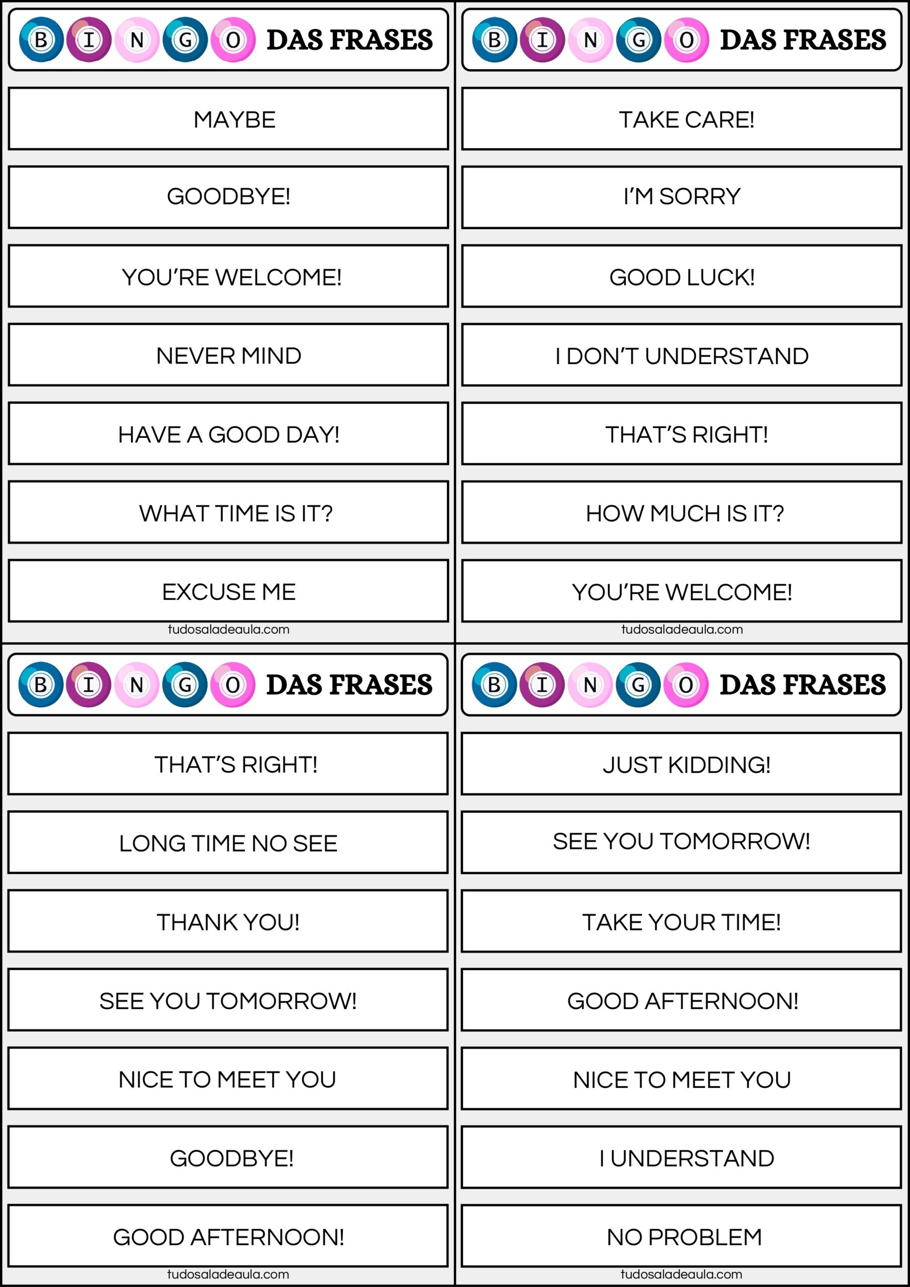 Bingo das saudações em inglês