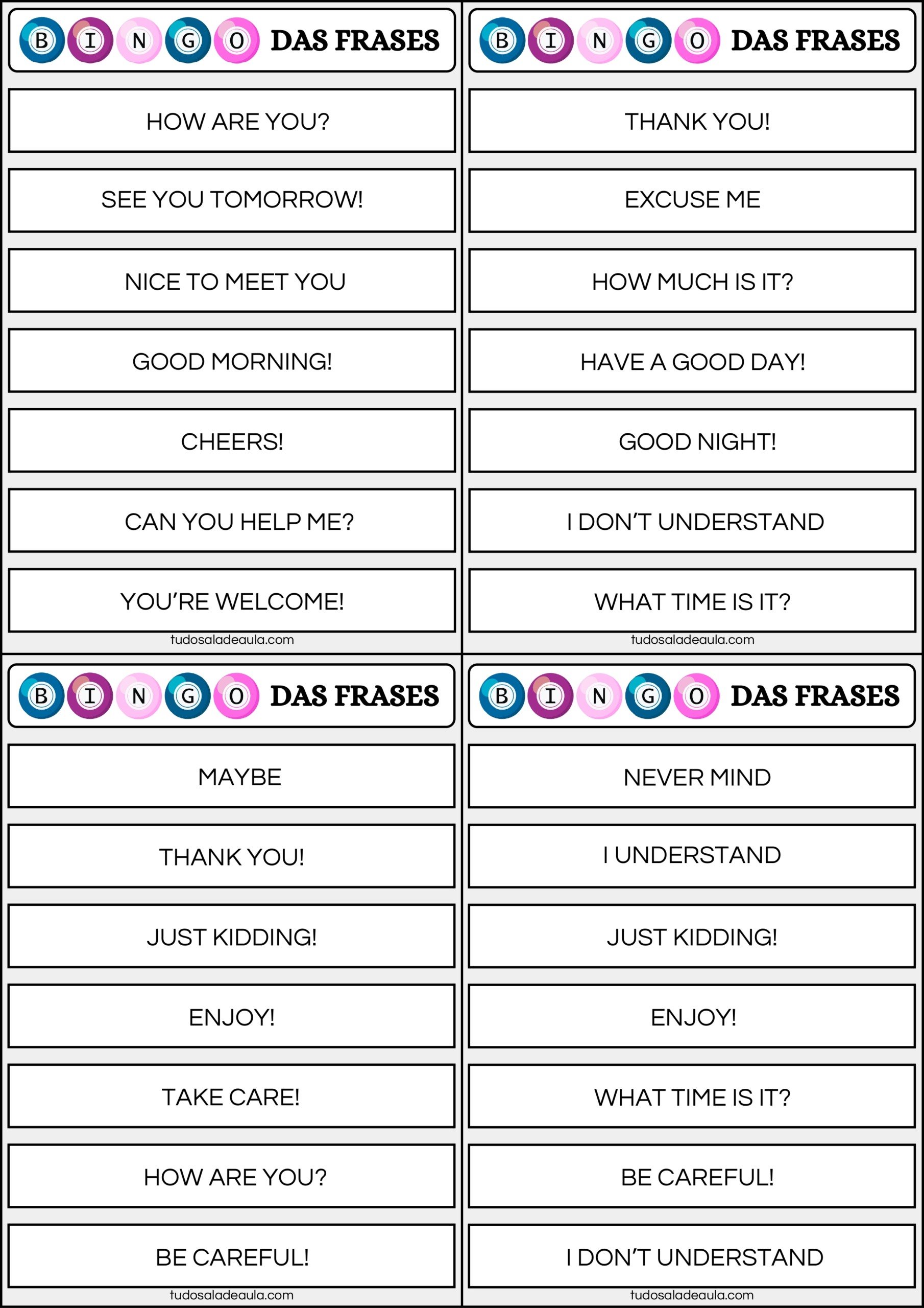 Bingo das saudações em inglês